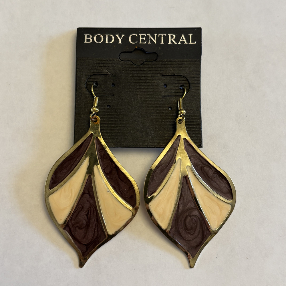 Body Central Gold Red & Beige Enamel Leaf Drop Earrings NWT